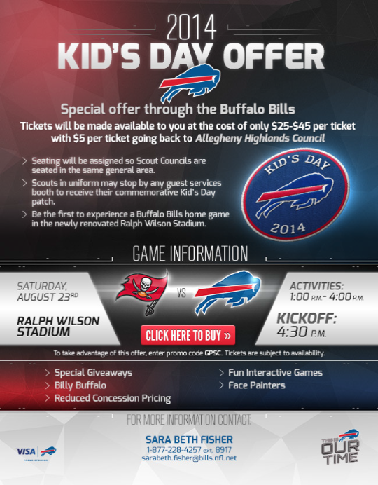 Poster for the August 24, 2014 Buccaneers vs Buffalo Bills with a special offer to scouts